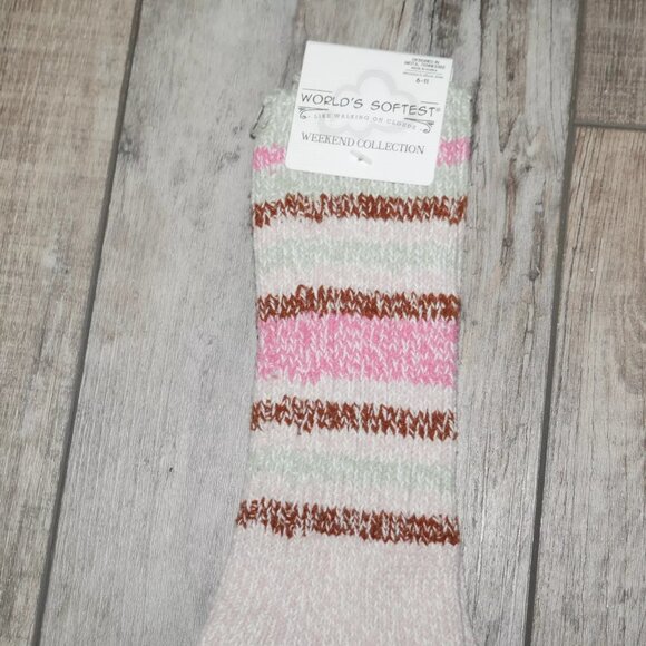 Worlds Softest Socks Ragg Crew Womens Size 6-11 Mushroom Stripe Spring Summer - Picture 3 of 4